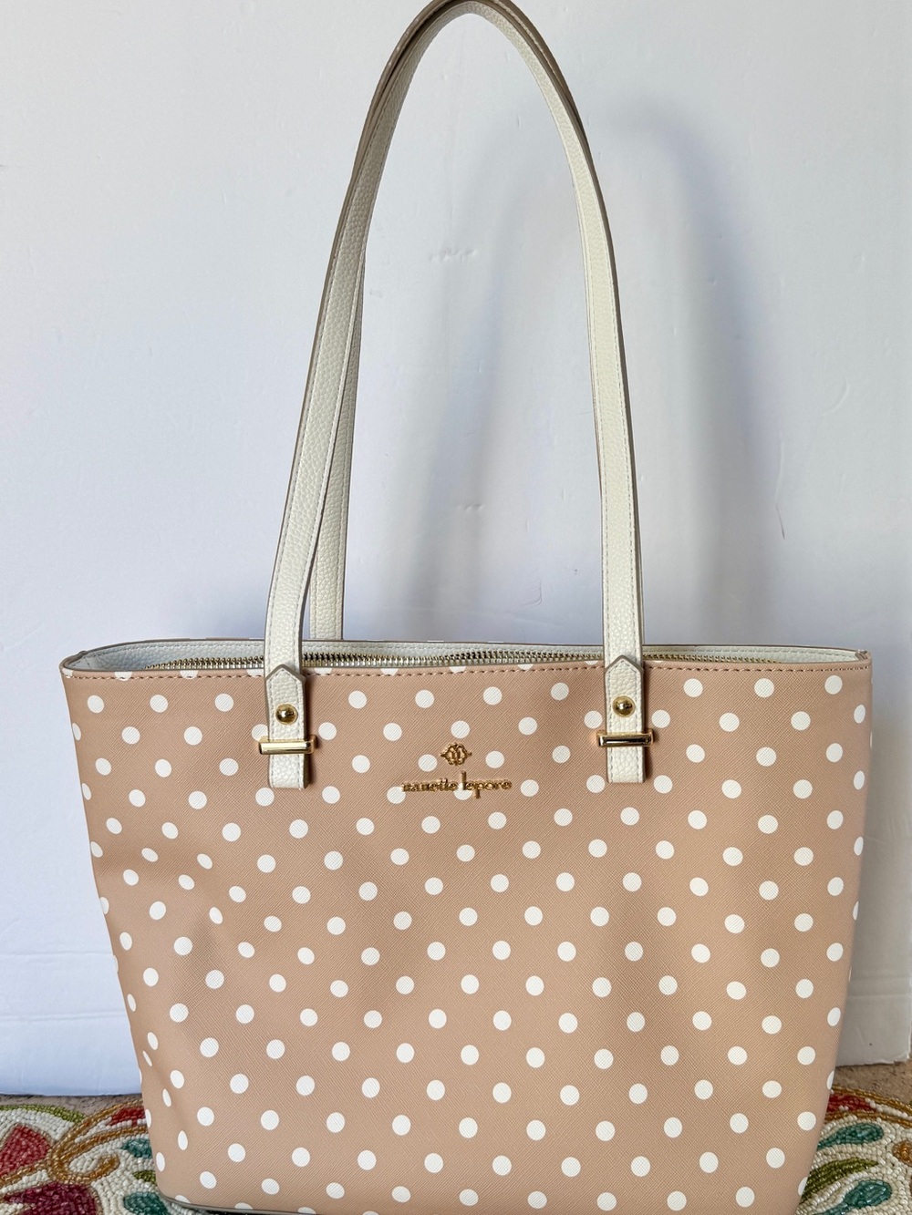 Nanette Lepore Beige Polka Dot Tote with Cream Straps Brand New/Never Used
